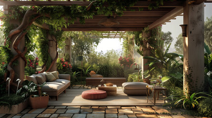 A cozy outdoor seating area with a pergola and comfortable furniture