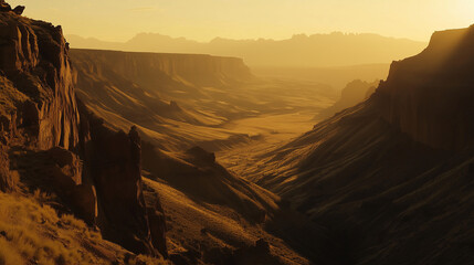 A vast canyon bathed in the golden glow of sunset, its rugged cliffs casting long shadows across the valley floor