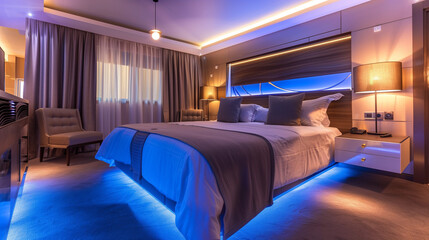 Fototapeta premium A luxurious bedroom with a king-sized bed and soft lighting