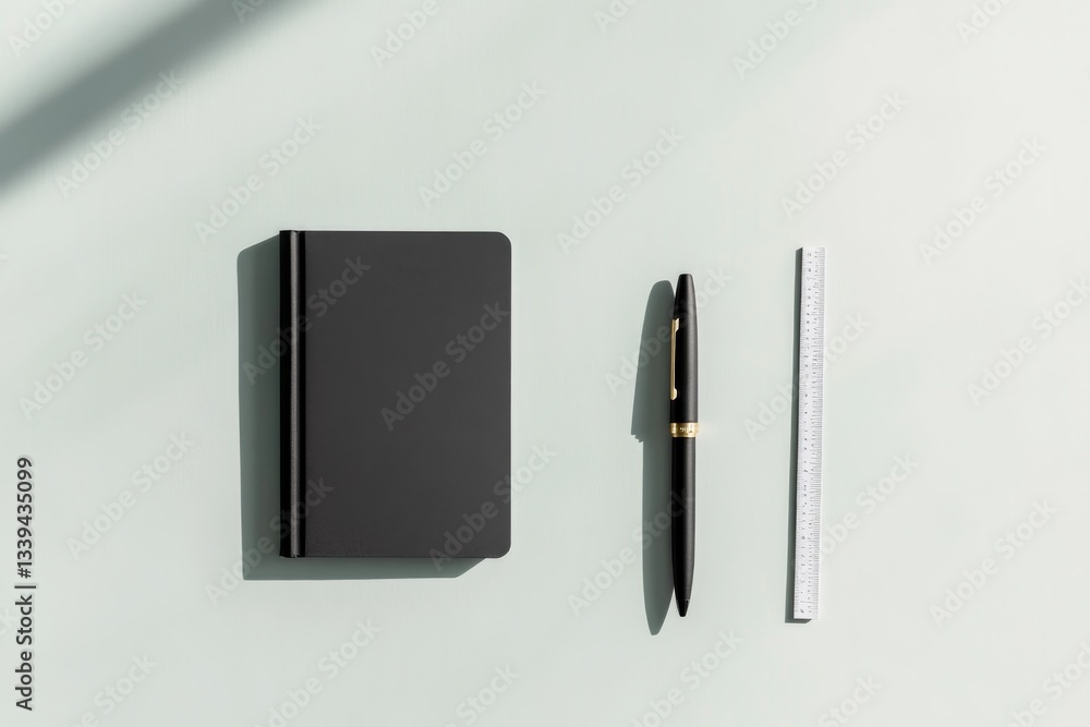 Poster flat lay of monochrome stationery set including pen ruler and notebook lines on clean background cop