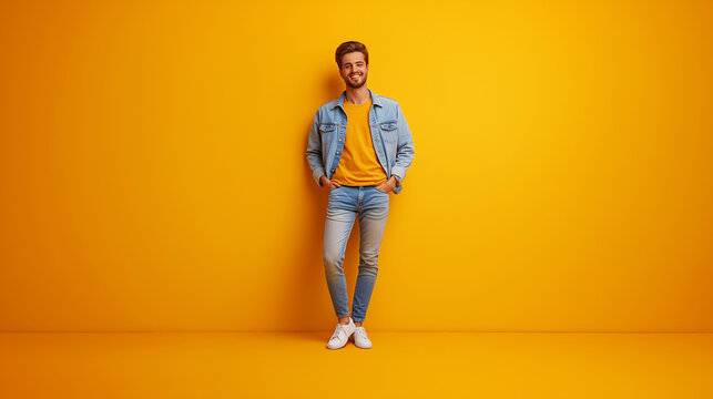 A young man stands casually with his hands in his pockets, wearing a denim jacket and yellow shirt, in front of a bright yellow wall. His warm smile enhances the cheerful atmosphere