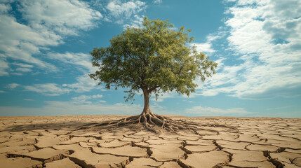 A lone tree surrounded by cracked, sunbaked earth, with deep roots searching for water beneath the lifeless desert