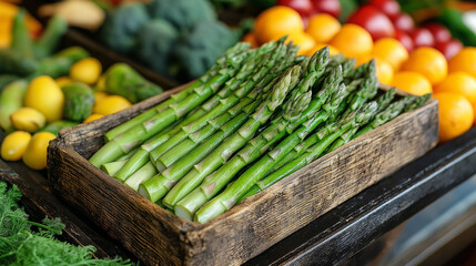 A rustic wooden crate filled with vibrant green asparagus stands among an array of colorful vegetables at a bustling local market. Fresh produce attracts shoppers looking for healthy options