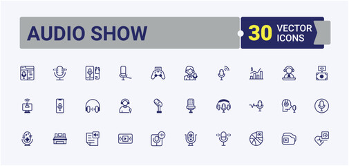 Audio Show icon set. Includes thin line symbols radio, record, audio, speaker, speech, voice and more. Podcast icon set. Icons for UI design. Pixel perfect. Vector line and solid icons.