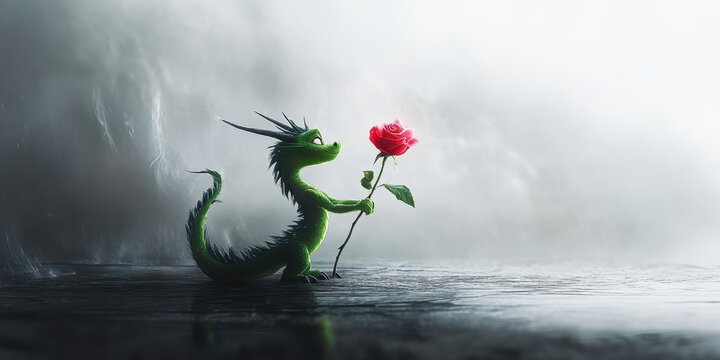 A Gentle Dragon Offering a Delicate Red Rose Flower