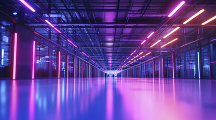 Fototapeta premium modern corridor with vibrant purple and pink neon lights, creating futuristic atmosphere