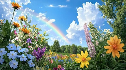 A breathtaking rainbow appears over a vast meadow filled with wildflowers and a brilliant blue sky.