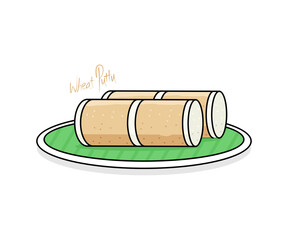 South Indian breakfast Wheat Puttu or steamed wheat powder cake in Banana leaf, outline drawing