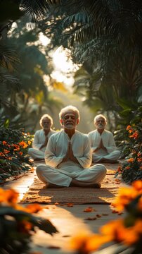 Three elderly men meditate together in a lush tropical garden at sunrise, wearing white robes and sitting in lotus position for morning yoga. Ideal for Social Media, Stories, Advertising