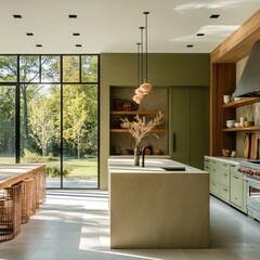 Modern kitchen interior with a large window and green walls