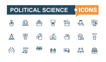 Political Science icon set. Contains related to governance, activism, government, politics, campaign and more. Political icon set. Web icons pack. Vector line and solid icons.