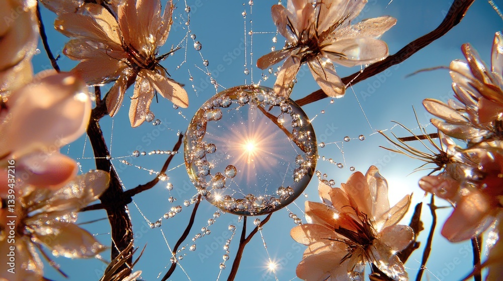 Poster a close-up of a symmetrical spiderweb adorned with sparkling dewdrops, reflecting light like tiny pe