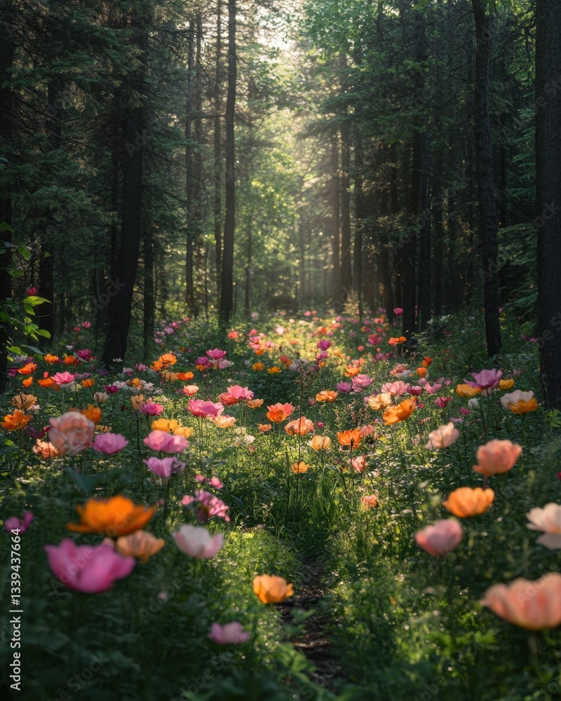 Poster enchanting forest path adorned with vibrant poppies under the soft glow of sunlight creating a magic