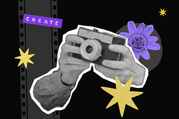 Retro camera creative photo collage, yellow star shapes film background. Vector template of art mood board poster, workshop