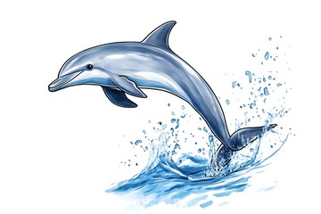 Obraz premium Leaping dolphin, ocean splash, white background, marine wildlife, design element