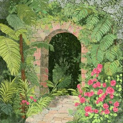 An arched doorway in a garden surrounded by lush green foliage