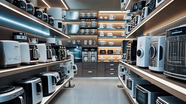 Modern Appliance Store with Shelves Full of Kitchen Equipment Including Coffee Makers, Toasters, and Air Fryers

