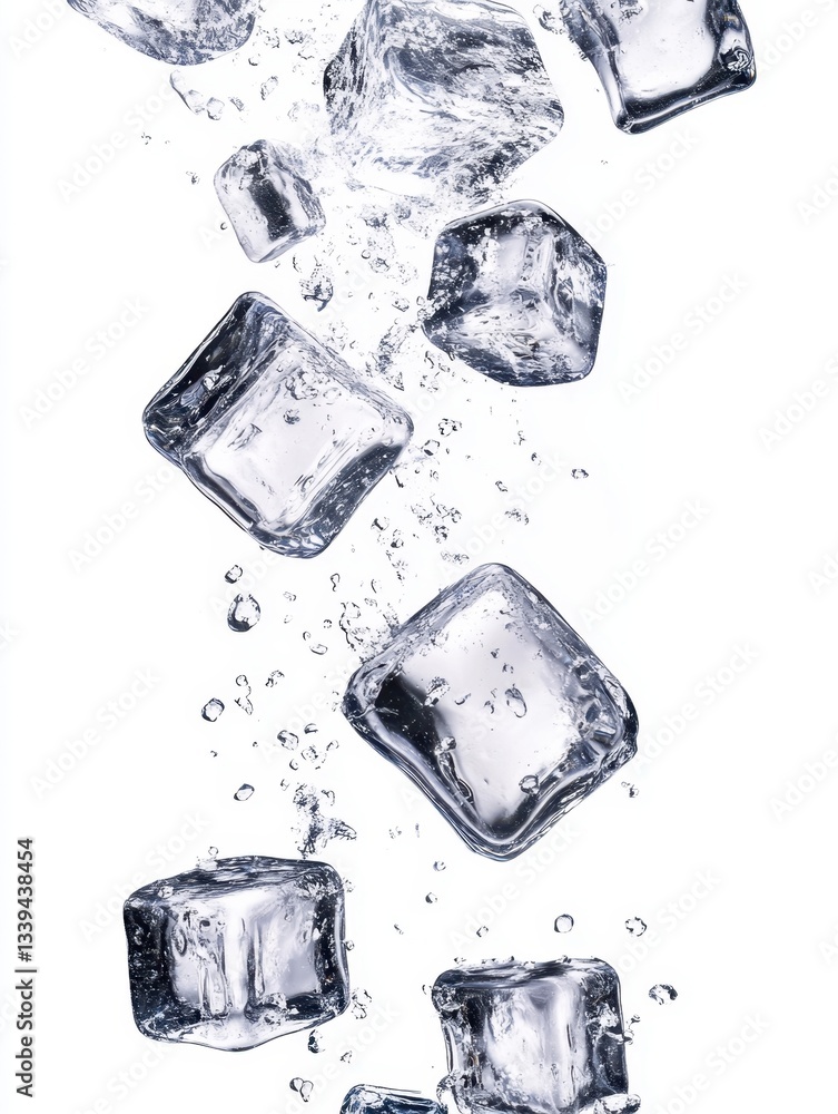 Poster refreshing ice cubes plunging into water creating a dynamic splash against a clean white background 