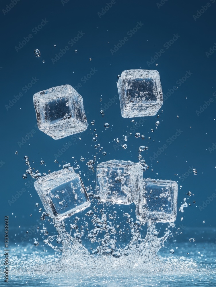 Aufkleber refreshing ice cubes splash in cool water against a vibrant blue background creating a dynamic and i