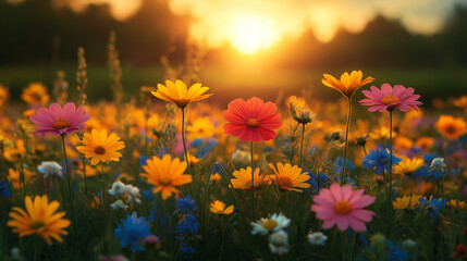 A picturesque wildflower field filled with colorful blooms such as daisies, sunflowers, and cosmos glows under the warm light of sunset, creating a serene ambiance