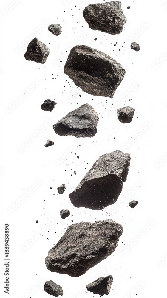 Poster dynamic composition of floating rocks against white backdrop showcasing texture and form for geologi