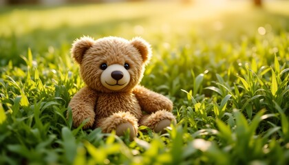 A fluffy brown teddy bear sits nestled in a sea of vibrant green grass, bathed in the warm glow of the sun, its soft fur gently rustling in the breeze.