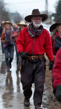 Smiling woman leads group hiking on wet path wearing hats and red jackets during daytime. Ideal for Social Media, Stories