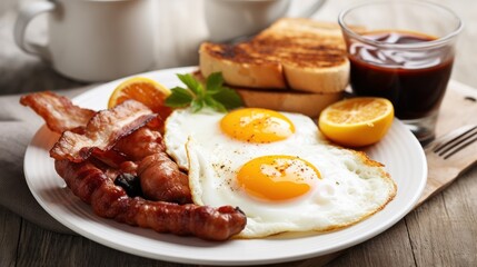 Delicious and Hearty American Breakfast: A feast of fried eggs, crispy bacon, savory sausages, and toasted bread