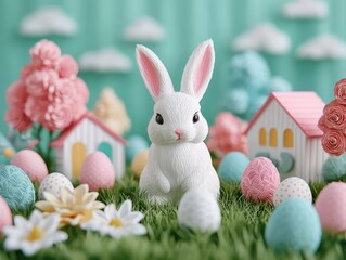 Fototapeta premium Easter holiday with pastel colors. A decorative scene featuring a bunny surrounded by colorful eggs and pastel houses.