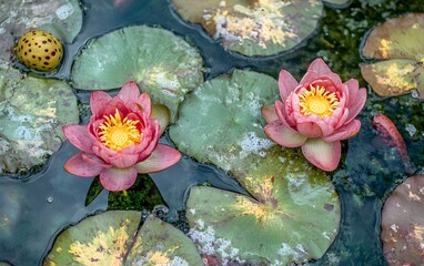 Stunning Pink Water Lilies Blooming on Lily Pads