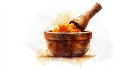 A wooden mortar and pestle grinds vibrant yellow herbs and spices
