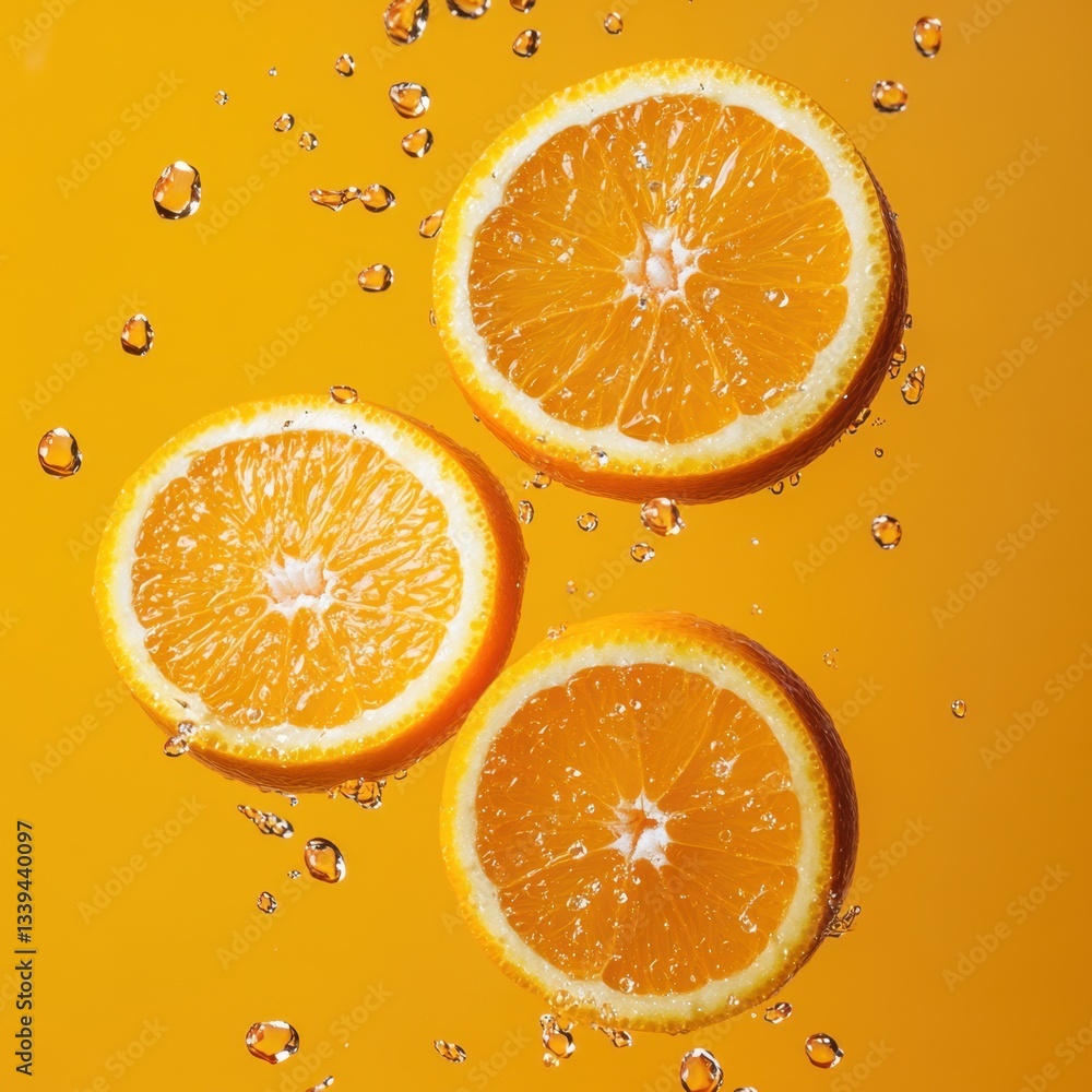 Poster vibrant orange slices suspended in a refreshing liquid with effervescent bubbles against a sunny yel