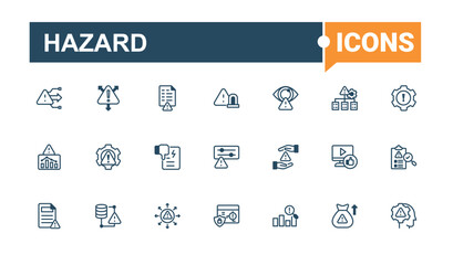 Set of Hazard line icon. Contain linear symbols assess, analysis, crisis, man, safety, development and more. Risk related icon. Isolated icons. Solid line editable stroke.