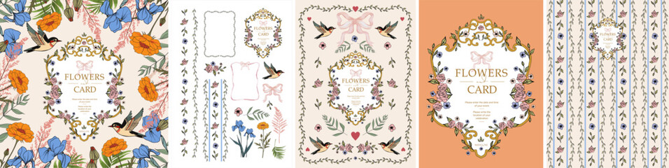 Flowers. Floral card. Vector classic vintage illustration of rich baroque frame, aesthetic elements, elegant pattern, irises, marigolds and bird for greeting card, wedding invitation or background