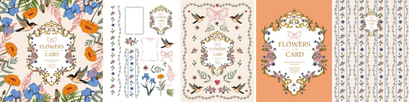 Flowers. Floral card. Vector classic vintage illustration of rich baroque frame, aesthetic elements, elegant pattern, irises, marigolds and bird for greeting card, wedding invitation or background