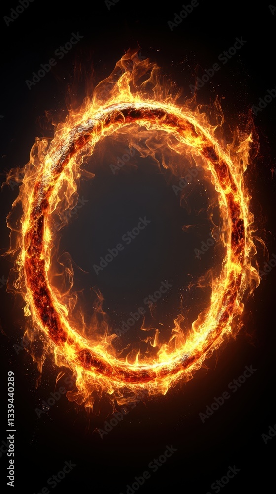 Poster fiery ring of burning flames on dark black background abstract concept for energy and power with cop