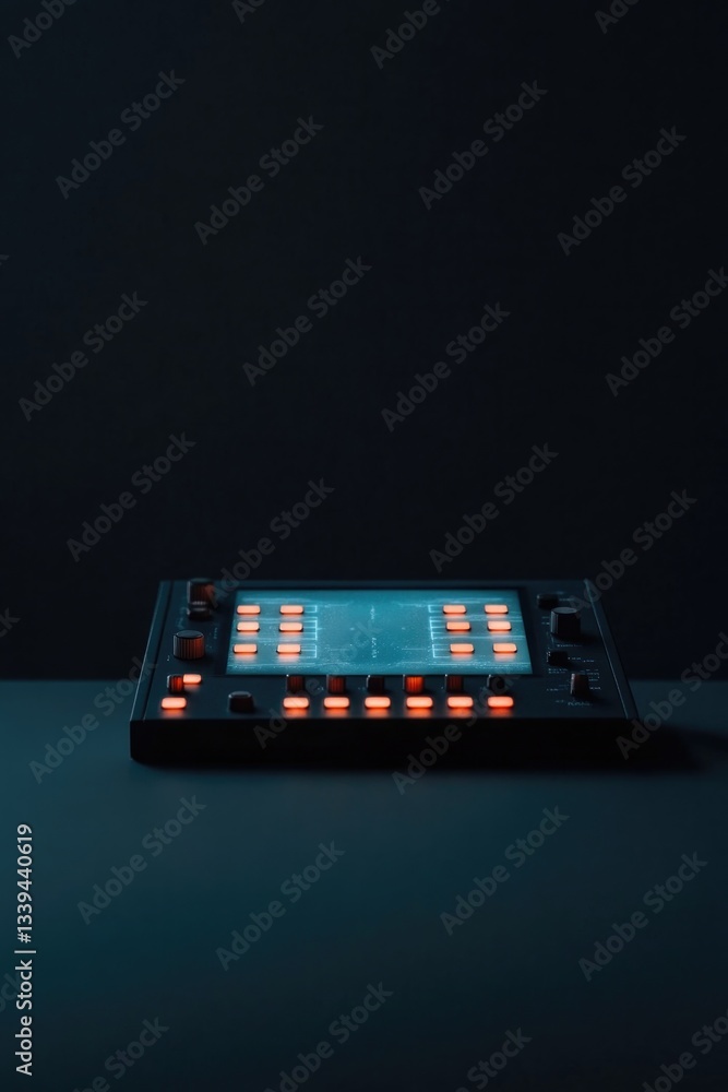 Poster glowing holographic interface with vintage knobs and glowing buttons set against minimal dark backgr
