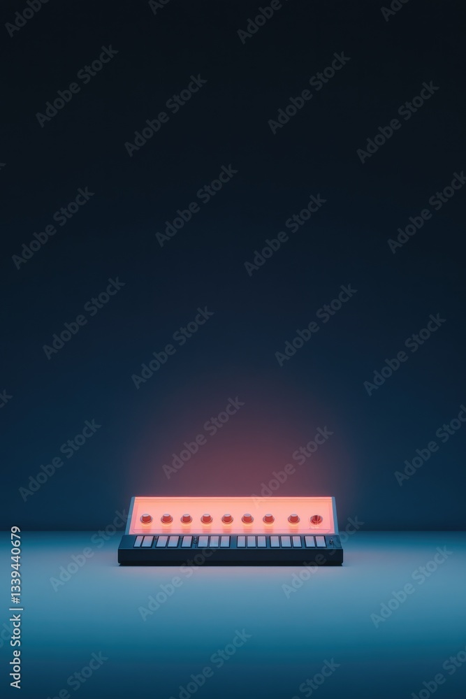 Poster glowing holographic interface with vintage knobs and glowing buttons set against minimal dark backgr