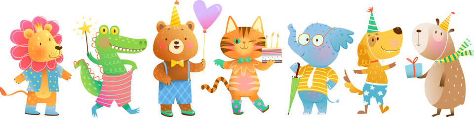 Fun cartoon party animals wearing clothes and celebrating birthday. Hand drawn funny whimsical animals, playful characters for children. Vector zoo clip art illustration collection for kids.