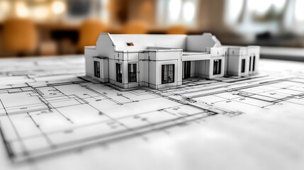 A miniature house sits upon the detailed architectural blueprints