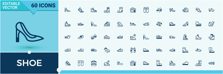 Shoe simple icon set. Contain linear sign fashion, foot, footwear, heel and more. Outline icons collection. Leather icon set. Solid line editable stroke.