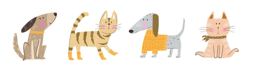 Cats and dogs modern print design, hand drawn in pencil scribble style. Animals nursery art, modern print for t-shirt. Artistic hand drawn animals vector decorative design.