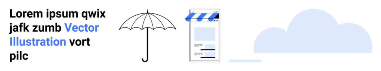 Mobile storefront with canopy representing e-commerce, umbrella symbolizing protection, cloud for storage. Ideal for online shopping, cloud computing, security, innovation, scalability, data access