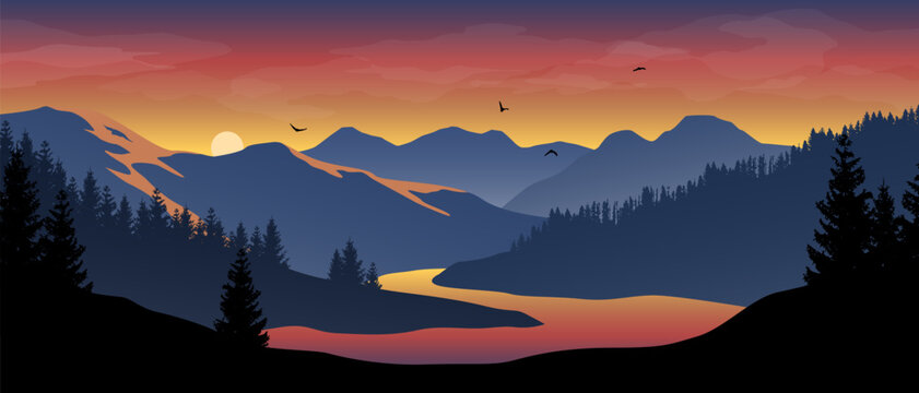 Beautiful realistic widescreen vector with a river winding in forested mountain landscape at sunset.
