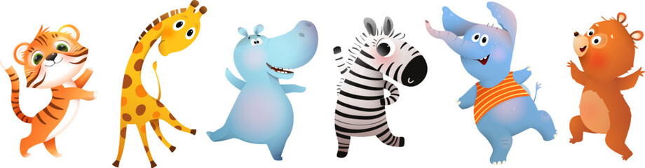 A cheerful group of cartoon animals tiger, giraffe, hippo, zebra, elephant, and bear enjoying dancing together. Vector animals design for kids party, isolated cartoon collection for children.
