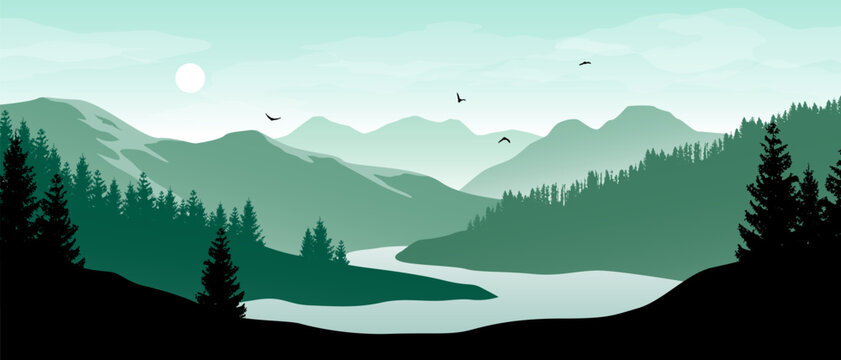Beautiful realistic widescreen vector with a river winding in green forested mountain landscape.