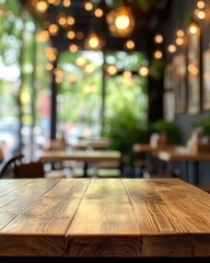 Rustic wooden table surface in a cozy restaurant interior with blurred background and warm lighting creating an inviting atmosphere
