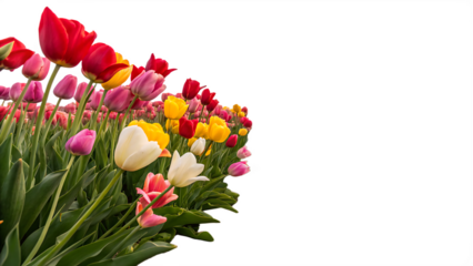 pink, red and orange tulip field isolated on white background, PNG. AI Generated 