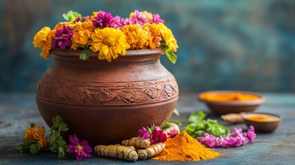Vibrant Flowers Adorn Earthenware Pot With Turmeric Roots And Powder