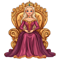 Fototapeta premium A cartoon drawing of a woman with long white hair and blue eyes wearing a purple dress and a gold crown sitting on an ornate gold chair.
